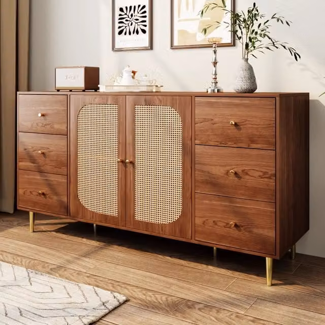 Credenza in Legno con Cassetti e Rattan ¨C MINIMAL ¨C Marrone, 160x40x90 cm