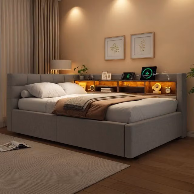 Letto singolo 90x200 cm contenitore con apertura idraulica; LED dimmerabile e mensole; grigio