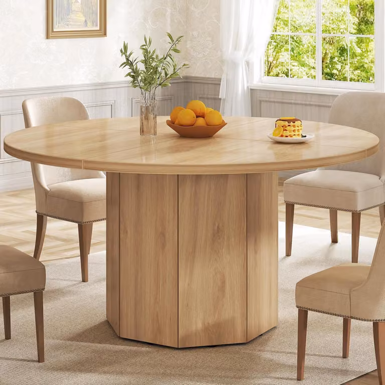 Tavolo da pranzo rotondo, effetto marmo, legno effetto rovere chiaro, diametro 120 cm, per 4-6 persone
