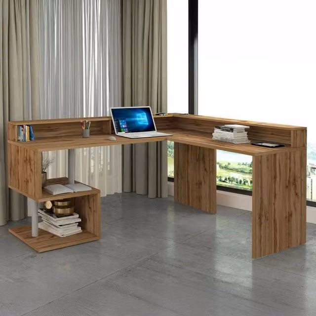 Scrivania angolare Auletta DMORA con ripiani portaoggetti, scritorio ufficio moderno in legno color rovere, L: 180 cm, H: 93 cm, P: 60 cm – 1