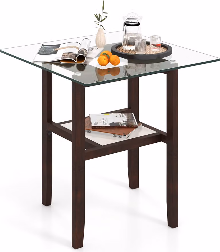 COSTWAY Tavolino in vetro lungo e largo 61 cm, tavolino in vetro a 2 livelli con ripiano e struttura in legno di caucciù tavolino d'accento marrone