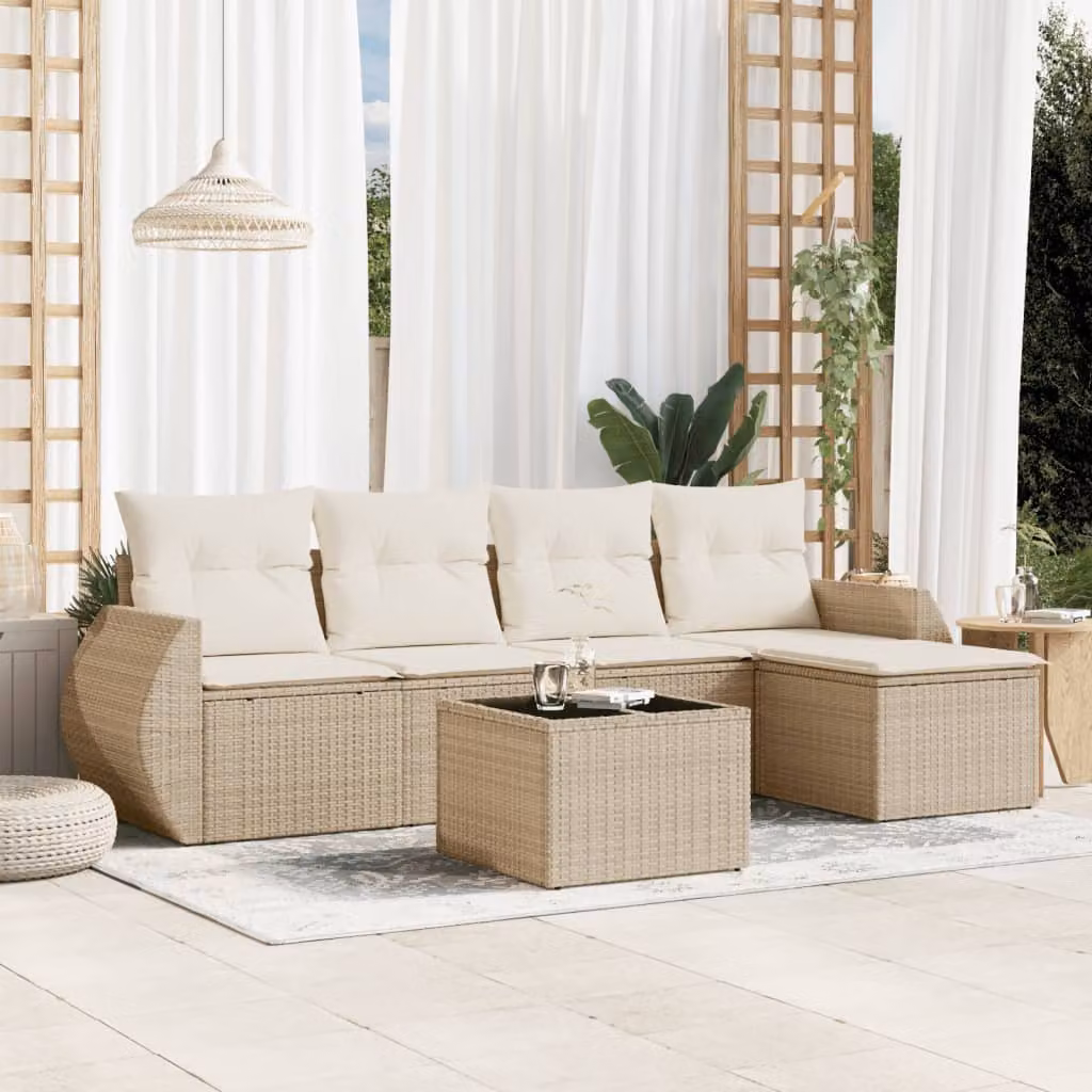 vidaXL Set Divano da Giardino a L 6 pz con Cuscini Beige e Tavolino in Vetro