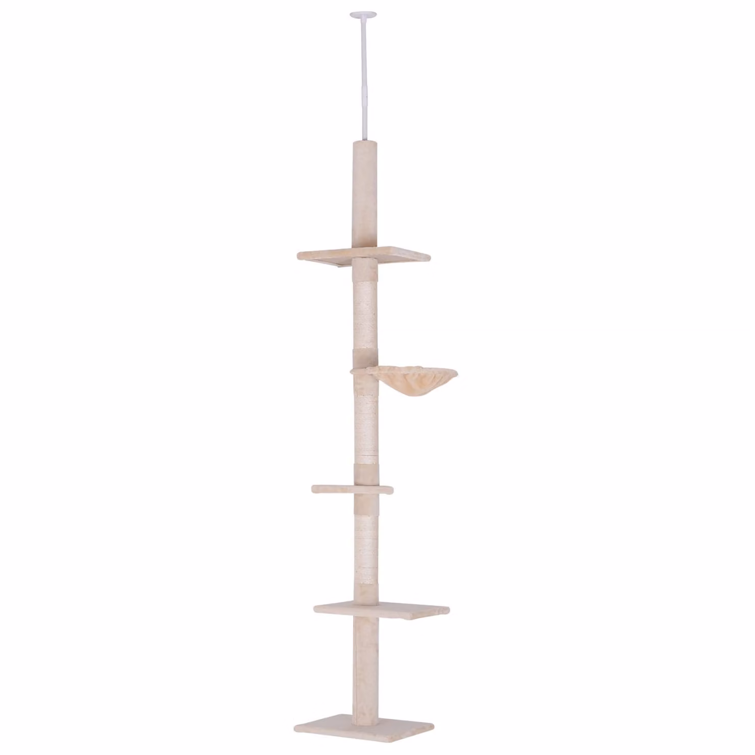 Albero per gatti Moonbite, alto fino a 230–260 cm, struttura modulare con 5 livelli, superficie in sisal per graffiare di 78 cm e rivestimento in peluche, realizzato in compensato, colore beige