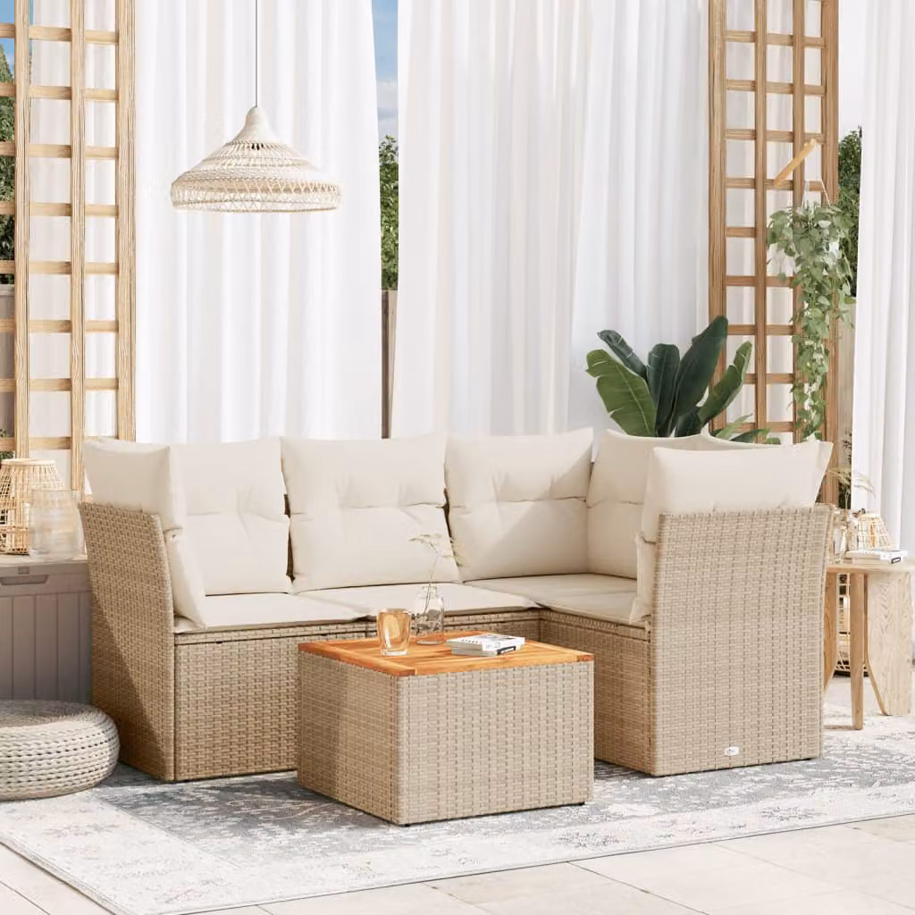 vidaXL Set Divano da Giardino a L in Polyrattan con Cuscini Beige e Tavolino da Caffè – 1