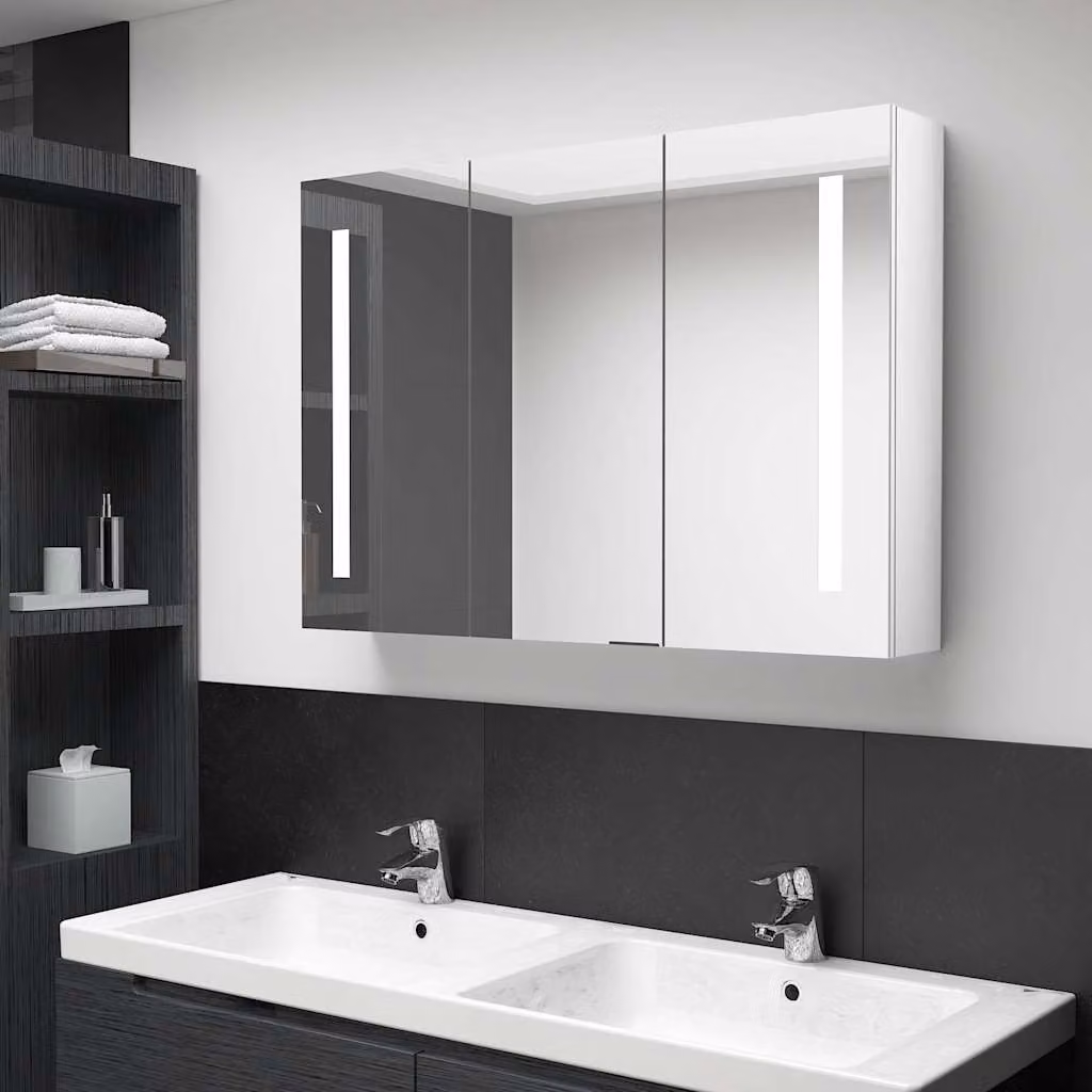 Armadietto da bagno con specchio e illuminazione LED vidaXL, Bianco lucido, L: 89 cm, P: 14 cm, H: 62 cm – 1