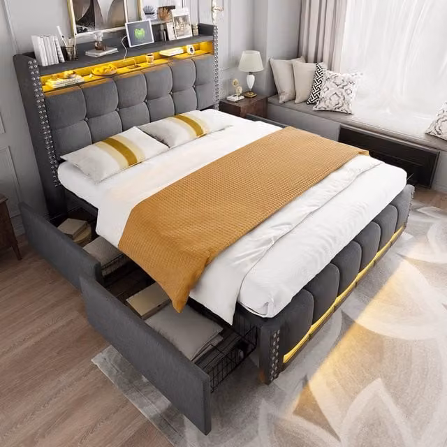 Letto matrimoniale imbottito in lino grigio 160x200 cm con LED colorati, porta USB, ripiani e 4 cassetti