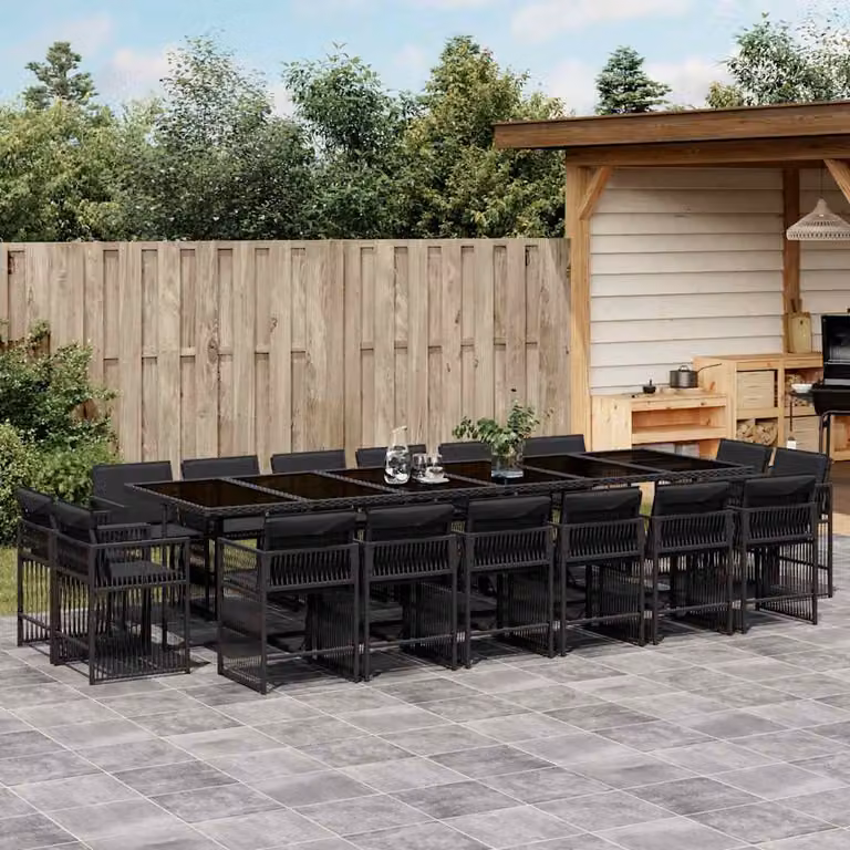 vidaXL Set da Pranzo da Giardino 17 pz in Polyrattan Nero con Cuscini e Tavolo in Vetro