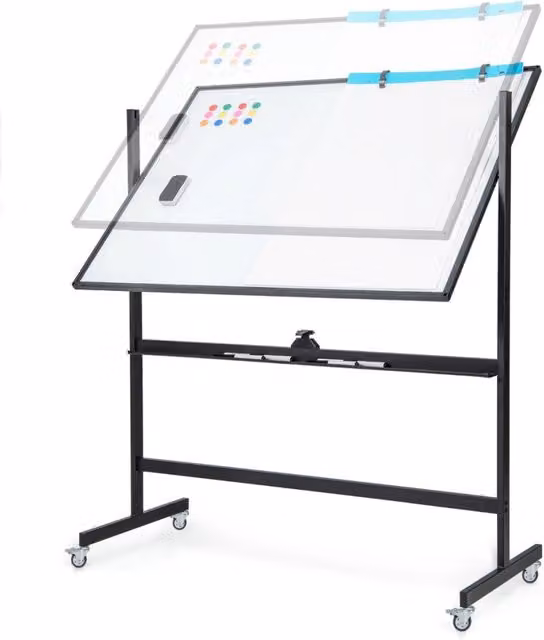 Lavagna magnetica a doppio lato Design Mania con ruote e griglia, regolabile in altezza, bianco e nero