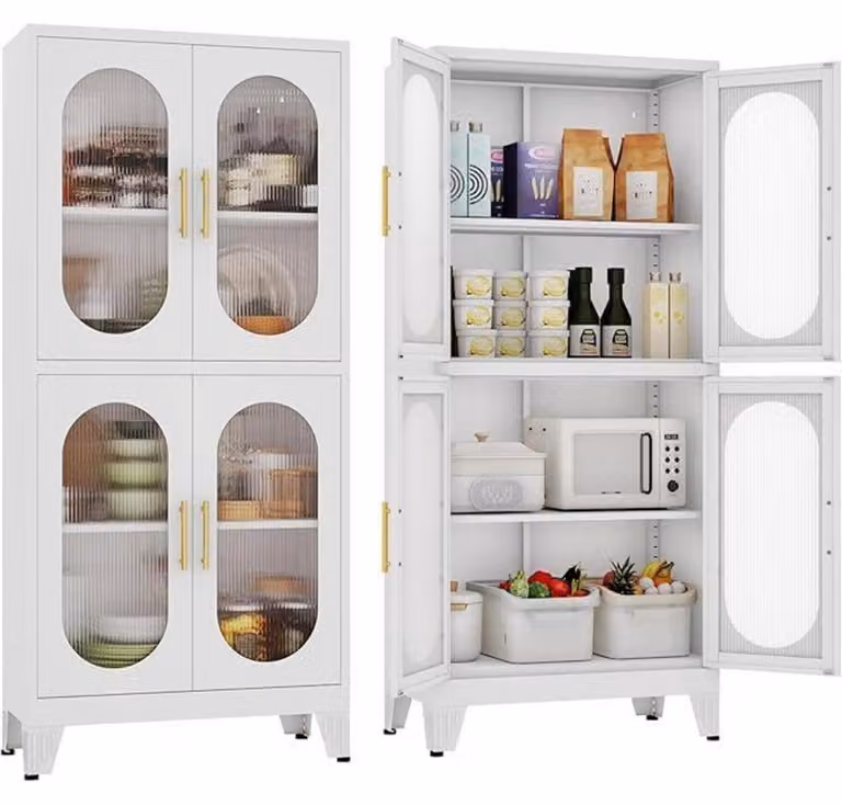 Armadio da cucina in metallo, 155 cm di altezza, bianco, con 4 ante in vetro acrilico, 2 ripiani regolabili, modello autoportante