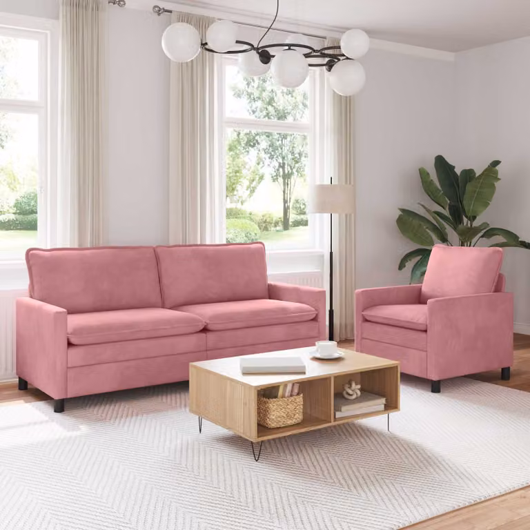 Set di 2 divani moderni vidaXL in velluto rosa con cuscini inclusi e coperture rimovibili