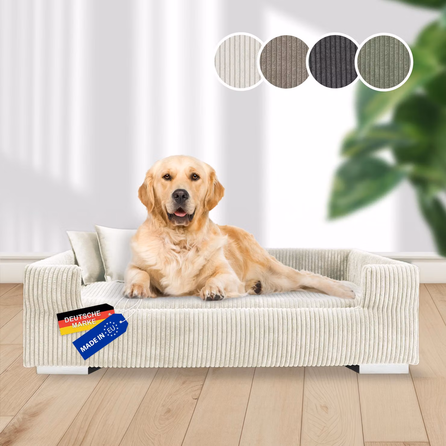 Taglierina per tubi Divano per cani | Letto per cani in velluto a coste per cani di taglia media e grande, bordo alto, rivestimento lavabile, velluto a coste 100% poliestere | 2 colori | L 90 x P 57 x A 26 cm | incl. 2 cuscini decorativi, colore: beige, m