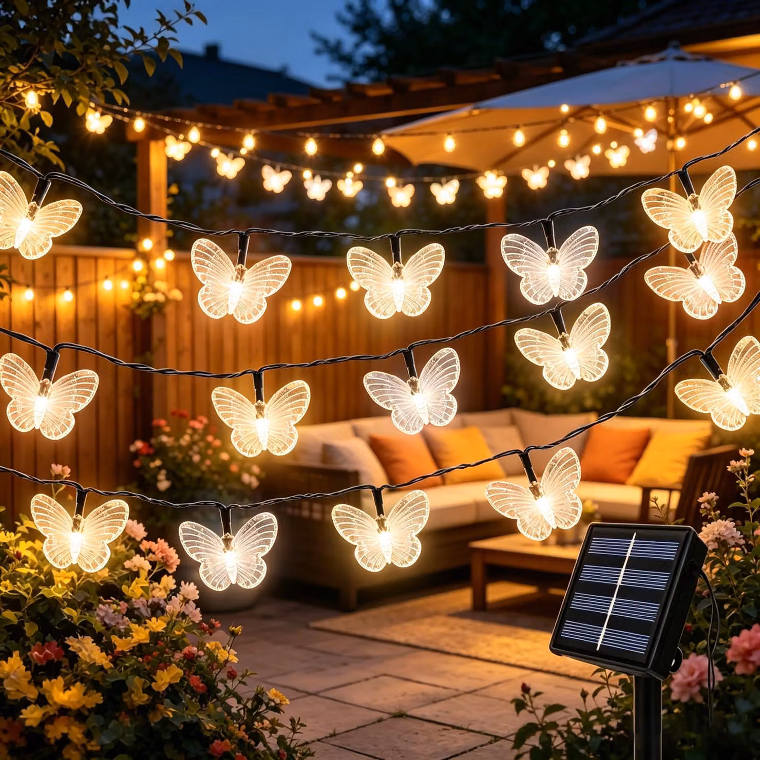 Catena luminosa solare "Solar-Vlinder", 6 metri, 30 LED, luce bianco caldo, 8 modalità