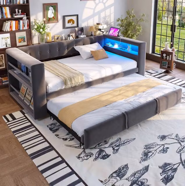 Divano letto ULEVR 90/180x190 cm con LED multicolore, prese integrate e 2 vani portaoggetti, grigio scuro