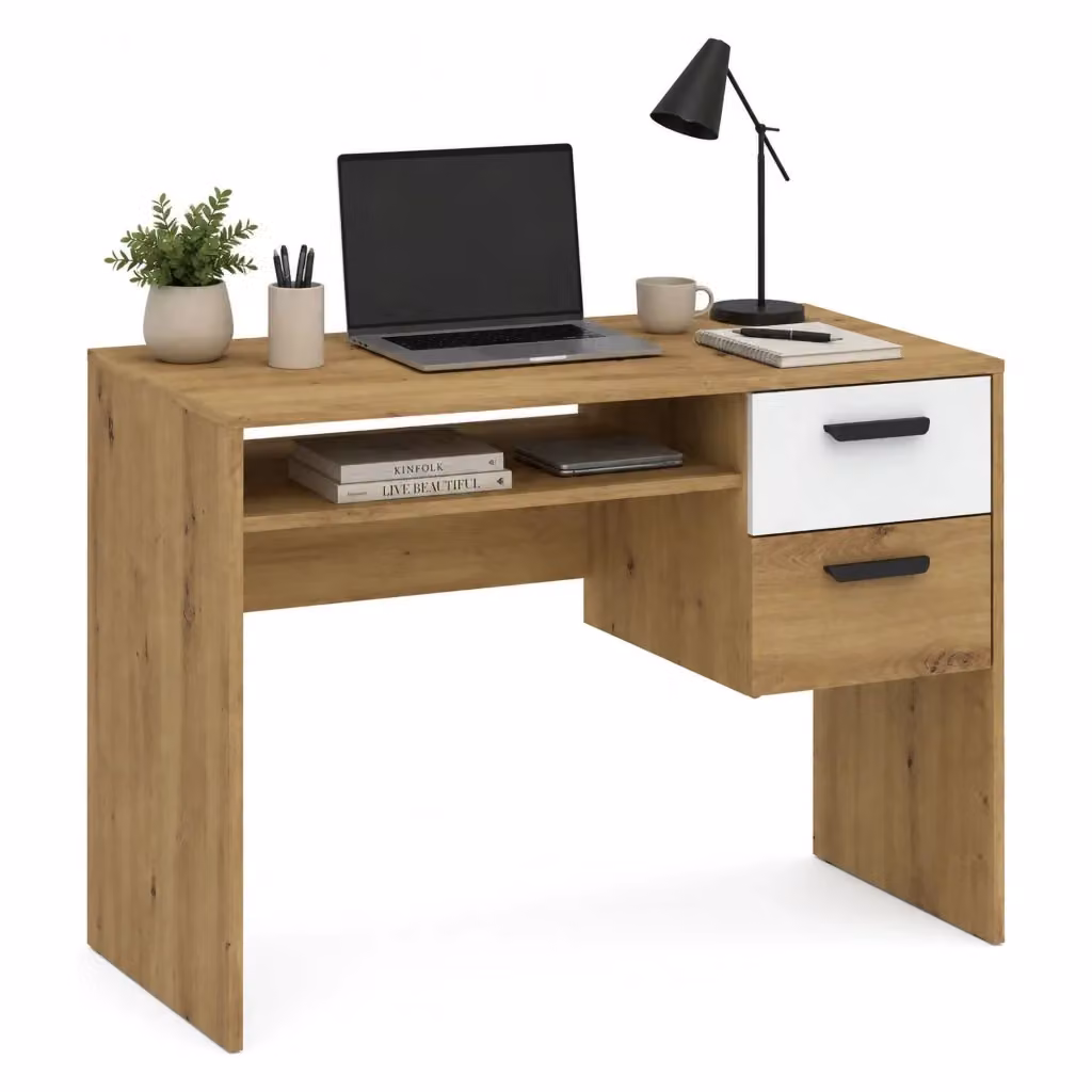 Scrivania DMORA Linimi con cassettiera, Marrone Rovere e Bianco, L: 71 cm, P: 33 cm, H: 75 cm – 2