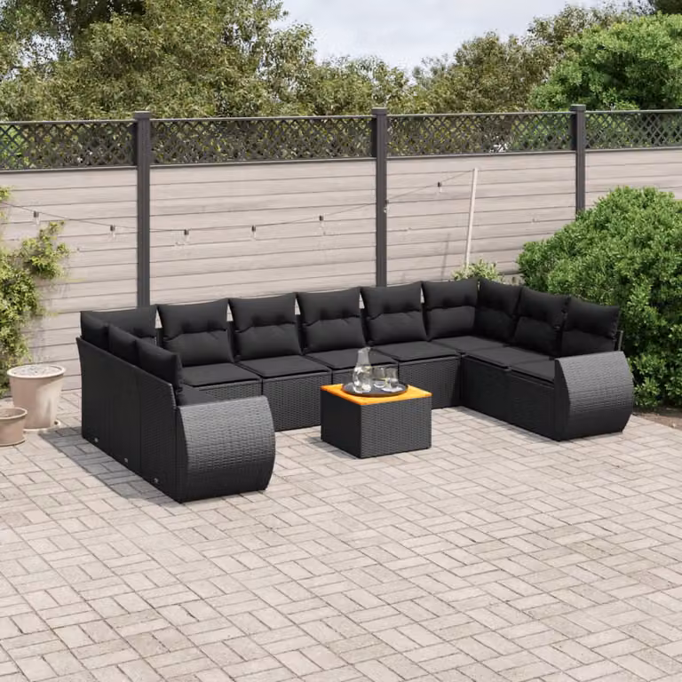 vidaXL Set Divani da Giardino 11 pz a Forma a L con Cuscini in Polyrattan e Acciaio Nero