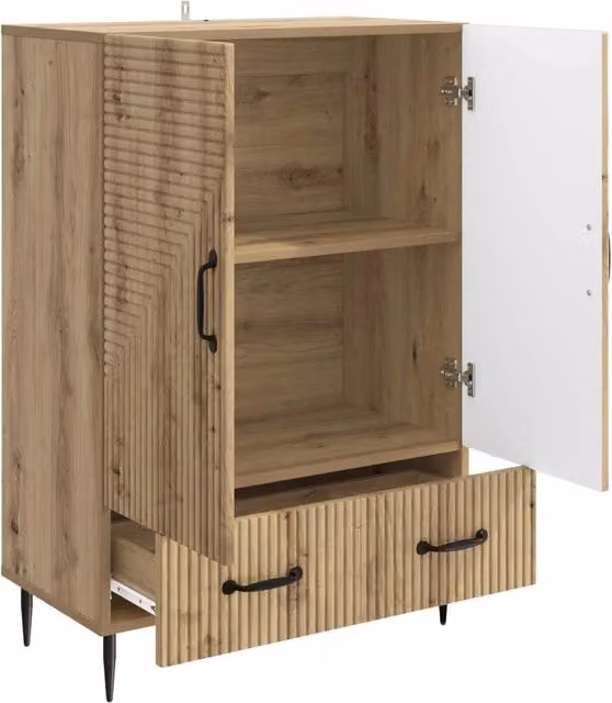 Credenza moderna in rovere artigianale con cassetto per soggiorno e sala da pranzo, colore marrone, L: 66 cm, P: 34,5 cm, H: 95 cm