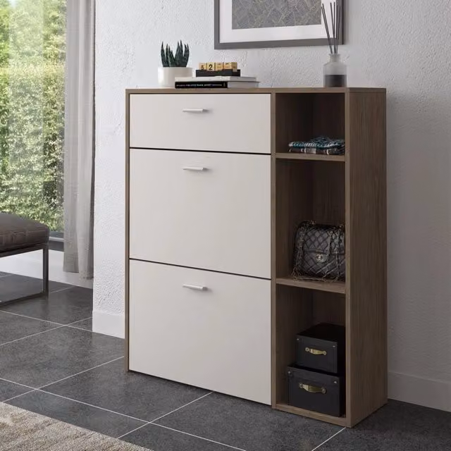 Scarpiera Moderna DMORA con Ante Basculanti e Ripiani Interni, Marrone e Beige, L: 90 cm, P: 26 cm, H: 102 cm