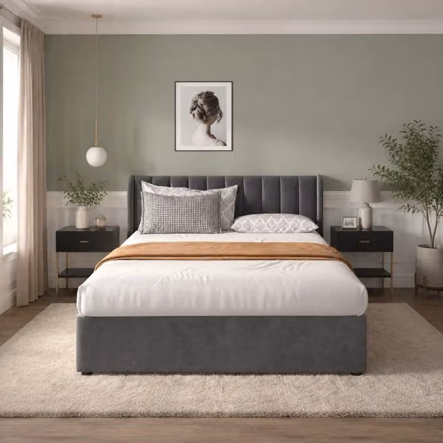 Letto matrimoniale 160x200 cm in velluto grigio con 2 cassetti e rete a doghe