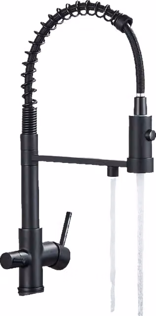 Miscelatore da cucina Klarwerk Bernd in acciaio inox con filtro a 3 vie, nero opaco, con canna girevole a molla e funzione spray