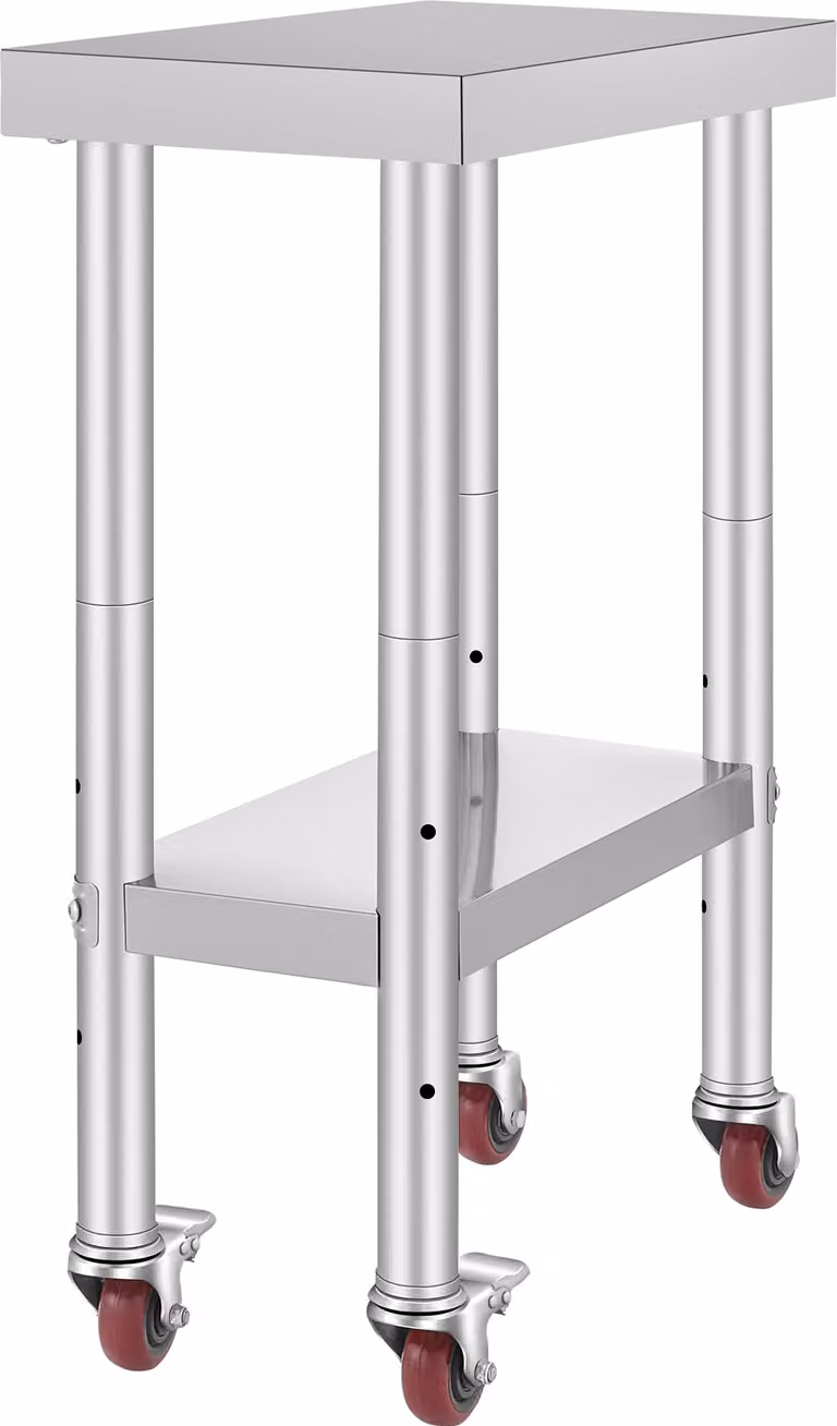 SucceBuy tavolo da lavoro in acciaio inox | 12 x 24 x 34 pollici | 700 libbre di capacità di carico | 4 ruote | 3 livelli di altezza regolabili | Robusto tavolo da lavoro per la preparazione degli alimenti per ristoranti cucine commerciali | Argento