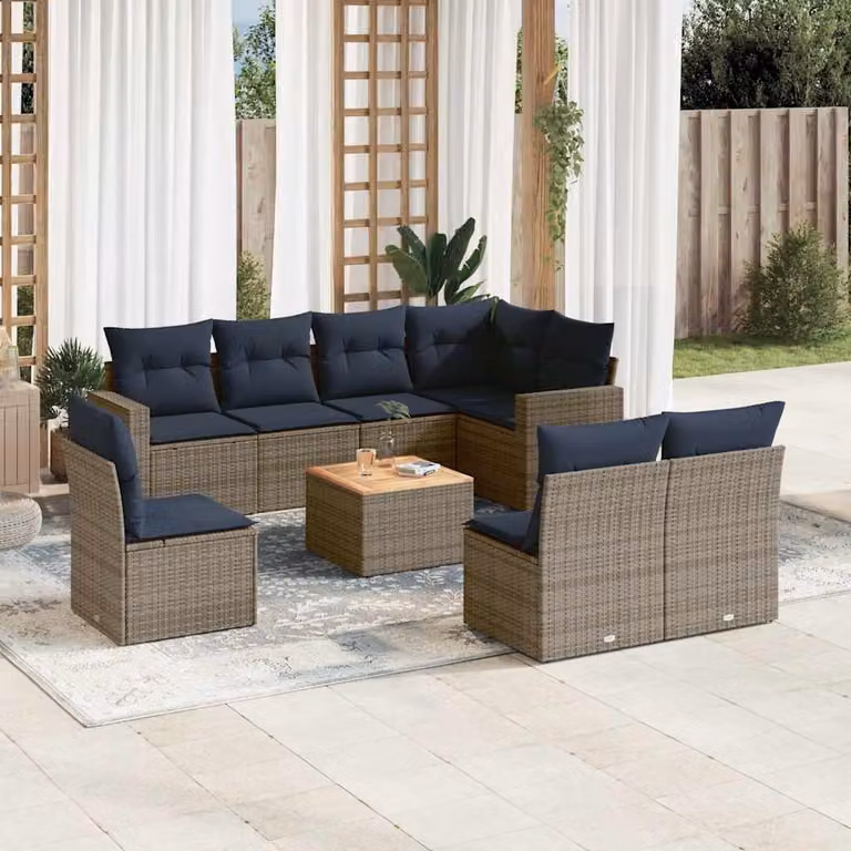 vidaXL Set Divani da Giardino 9 pz in Polyrattan con Cuscini Blu e Grigio e Tavolino da Esterno