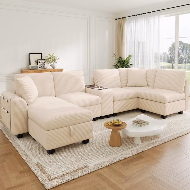 Divano angolare a forma di "U" Merax, 6 posti, divano modulare a forma di "L" con poggiapiedi contenitore, consolle centrale con porta USB di tipo C e portabicchieri, set di divani componibili, color beige