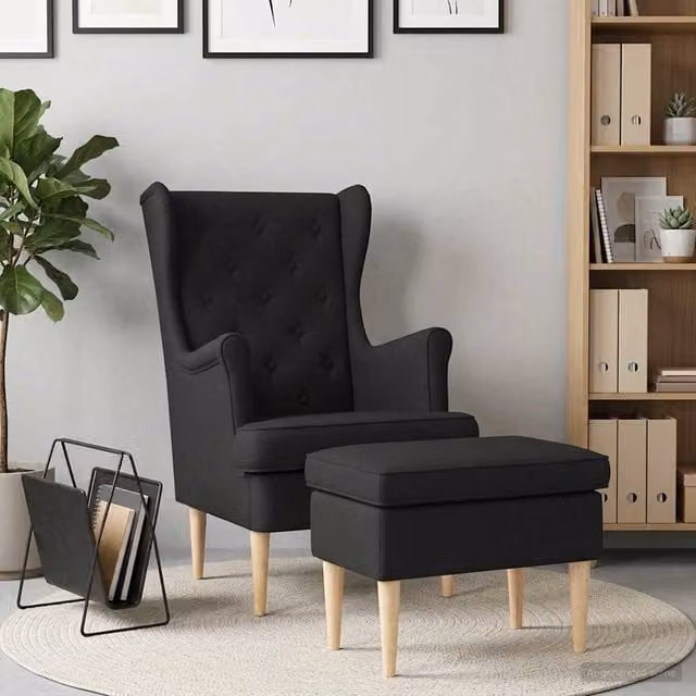 Set Poltrona con Ottoman vidaXL in Tessuto Nero con Struttura in Legno Massello – 1