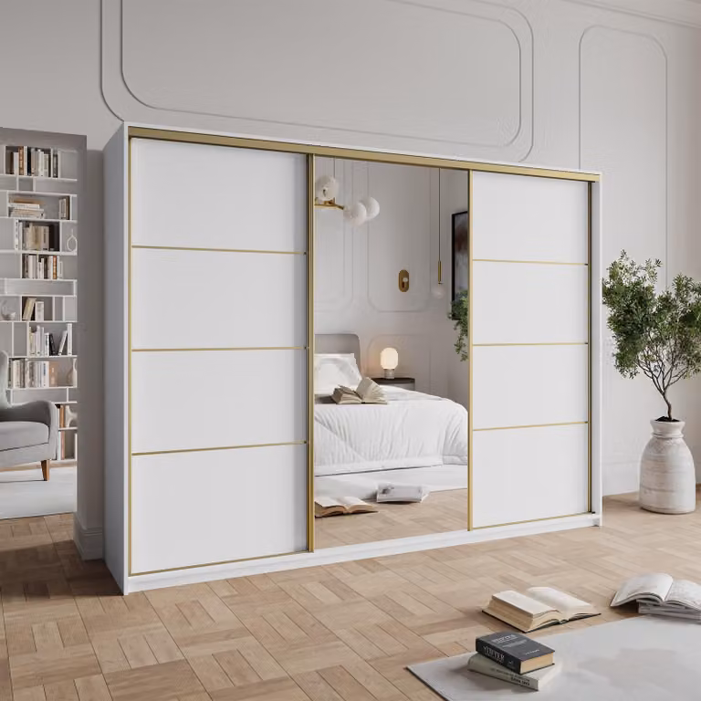 Armadio scorrevole Masseno VARO 250/205/60 cm Armadio con 4 cassetti Armadio per camera da letto a 3 ante con specchio Bianco