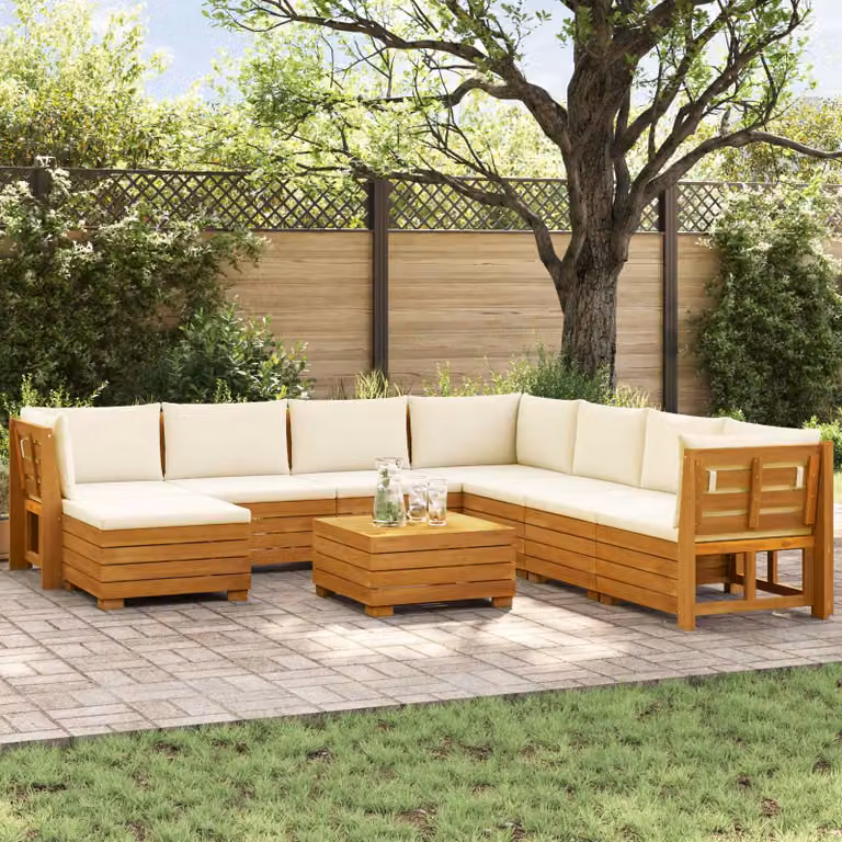 Set di divani da esterno vidaXL in legno di acacia massello marrone con cuscini beige, forma a U, composto da 9 pezzi con tavolino e pouf