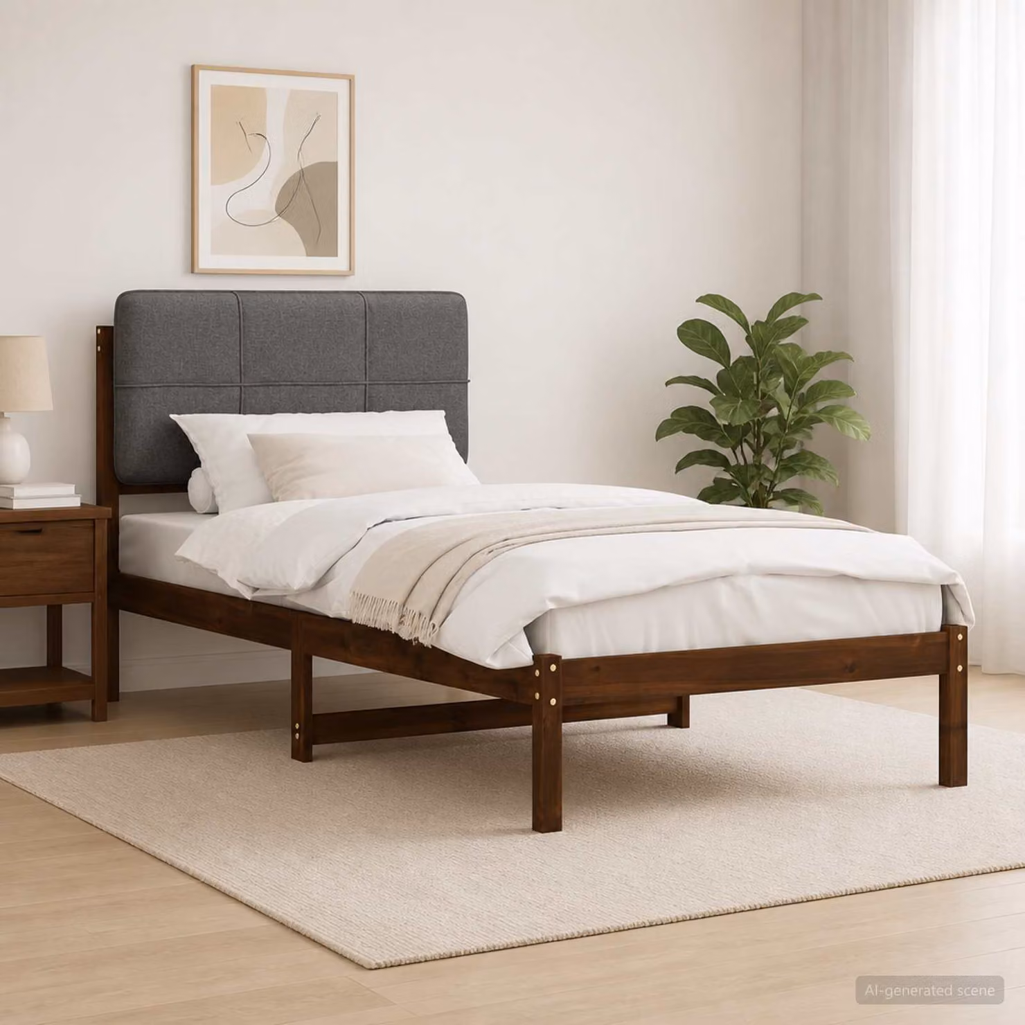 Letto moderno vidaXL con testiera rivestita in tessuto e struttura in legno di acacia, Marrone scuro e Grigio chiaro, L/P/H: 90 x 190 x 96 cm