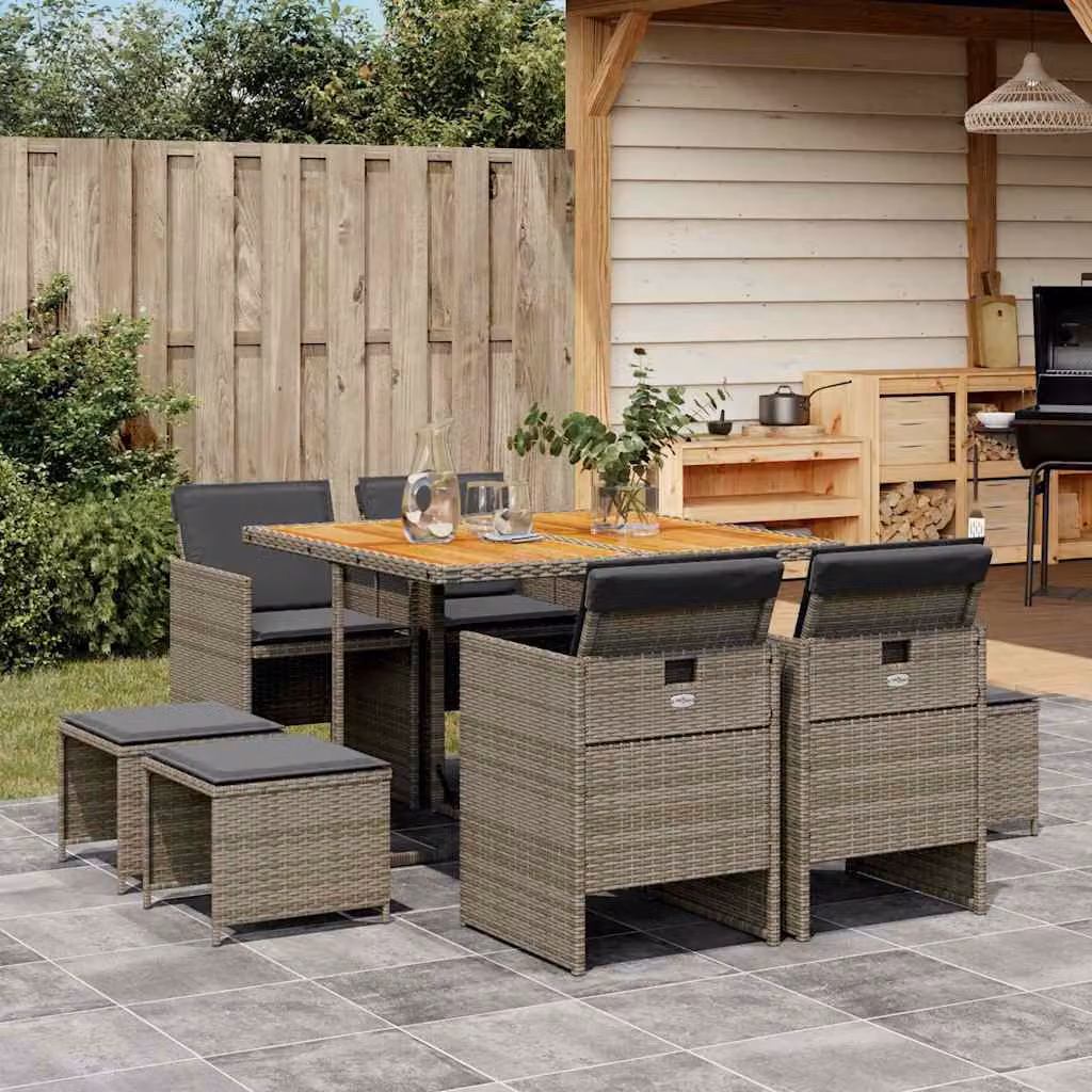 vidaXL Set da Pranzo da Giardino 9 pz in Polyrattan e Legno di Acacia Grigio e Marrone – 1