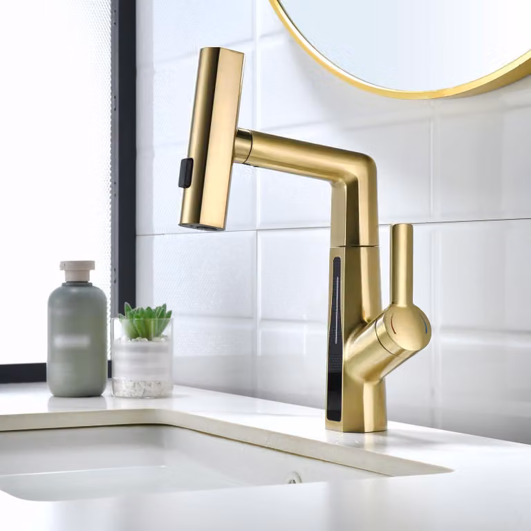 Miscelatore per lavabo, display LED, 3 modalità, estensibile, regolabile in altezza, in ottone