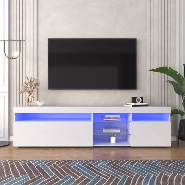 Mobile TV moderno bianco lucido 180 cm con LED a colori variabili e ante in vetro