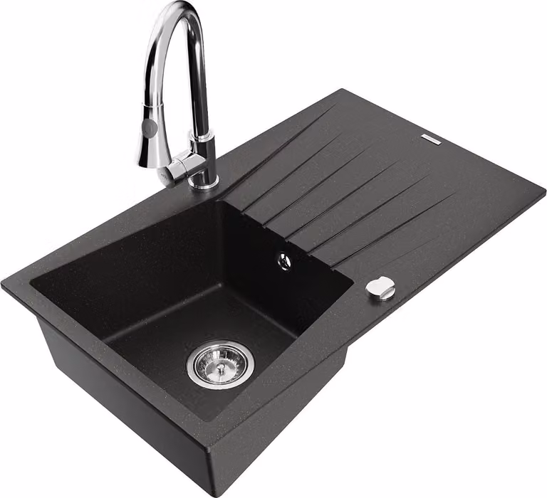 Mexen Cesar lavello in granito a 1 vasca con scolapiatti e rubinetto da cucina Elia, nero/oro metallizzato - 6514-75-670101-00
