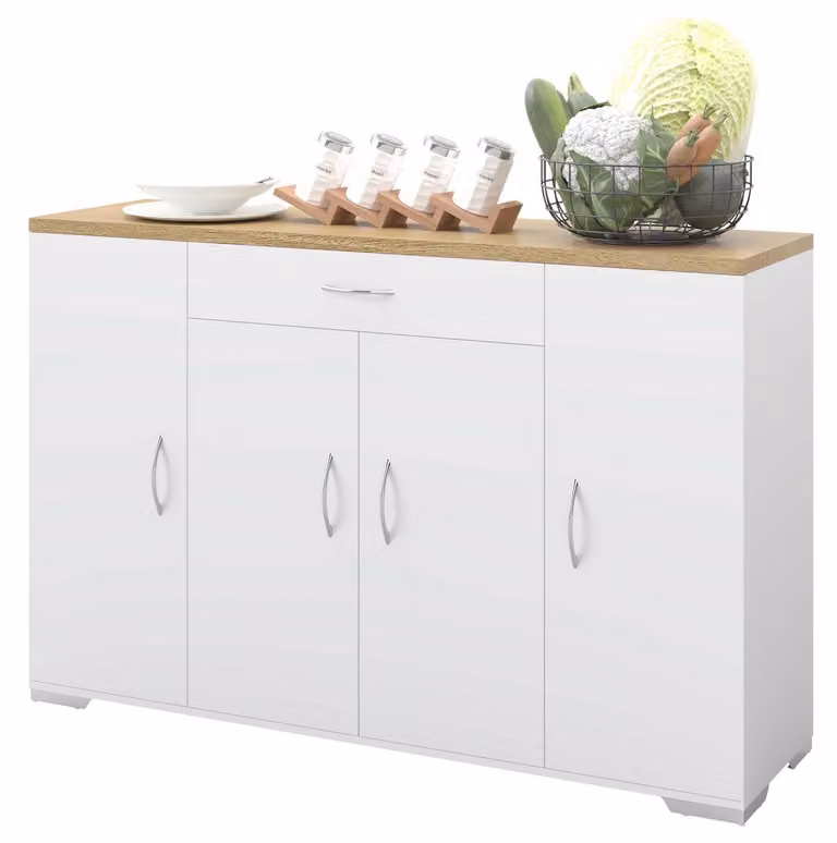 Mobiletto da cucina con piano di lavoro, 110 cm, bianco, in legno di faggio, con cassetti e ripiani