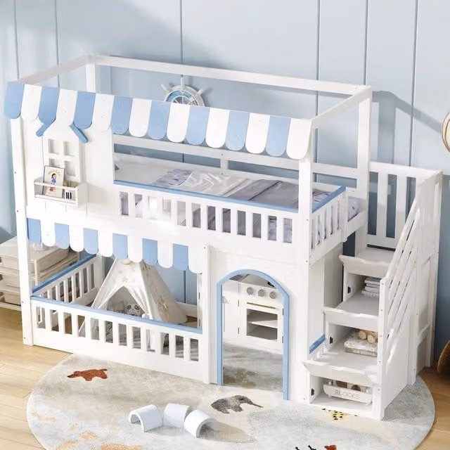 Letto a castello per bambini 90 × 200 cm con scala contenitore, barriere su quattro lati, senza materasso, bianco e blu