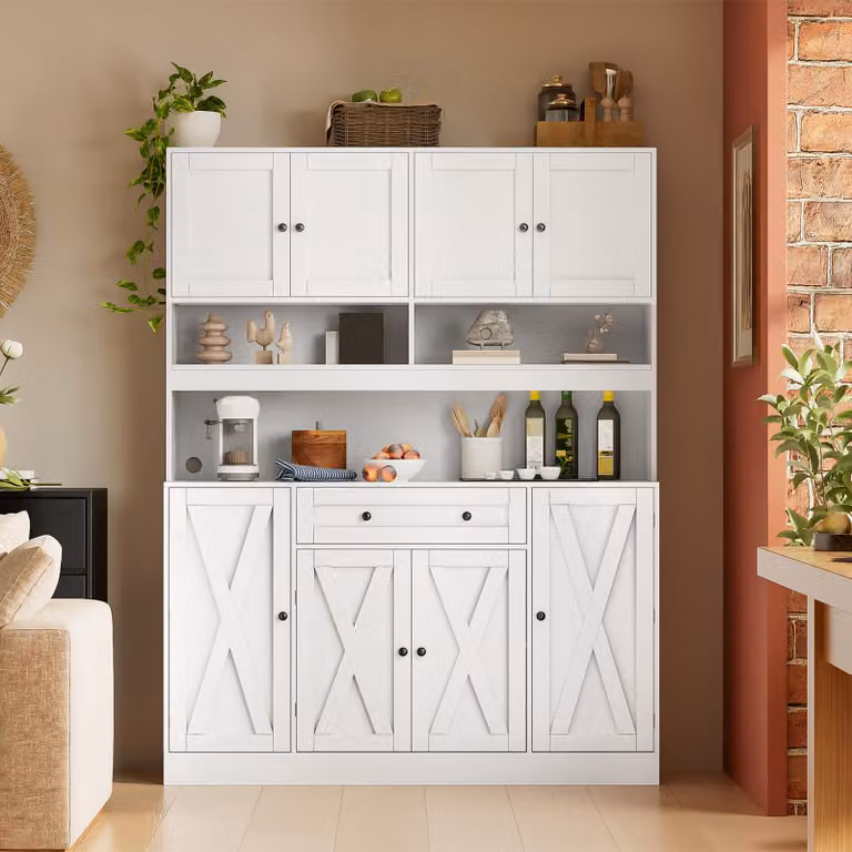 Mobiletto da cucina con piano di lavoro, credenza da cucina con presa di corrente e cassetto, mobiletto contenitore con ripiani interni e anta, dimensioni 140x40,1x184,7 cm, colore bianco