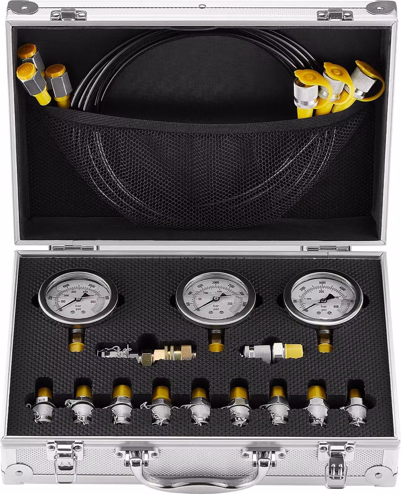 Set per test di pressione idraulica, 250 / 400 / 600 bar, 3 dispositivi di misurazione, 11 giunti di prova, 3 tubi flessibili di prova, set di dispositivi di misurazione per test idraulici di escavatori con custodia portatile per escavatori, trattori, mac