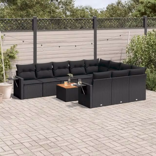 Set da giardino moderno vidaXL composto da 11 pezzi in polyrattan nero con cuscini imbottiti e tavolino da caffè a forma di U – 1