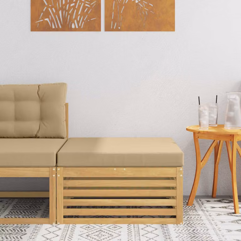 vidaXL Poggiapiedi da Esterno in Legno di Acacia con Cuscini Bianchi e Beige