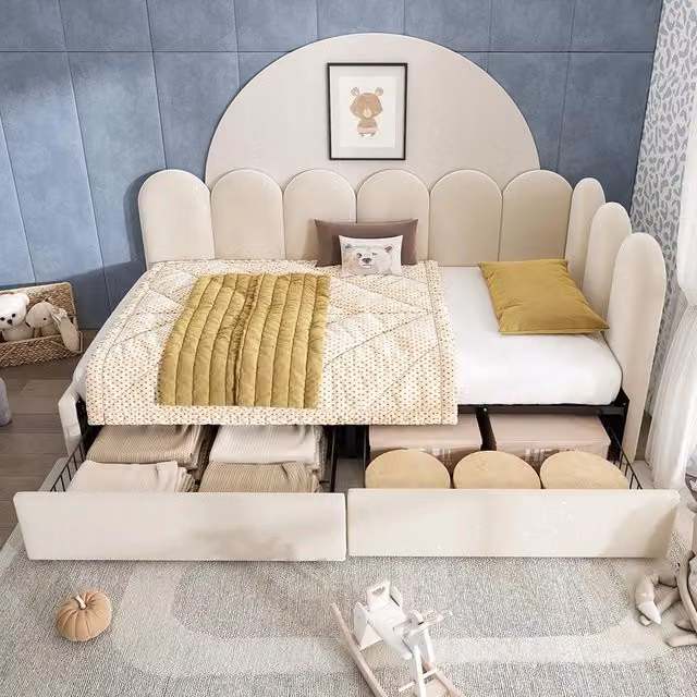 Letto singolo imbottito con cassetti - Xylo - 90x190cm - Beige - Letto giorno divano letto