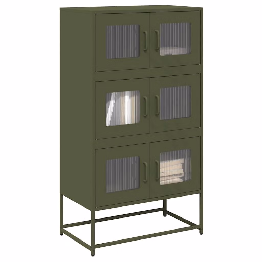 Credenza in metallo vidaXL Verde Oliva con ante in vetro, stile industriale, L: 68 cm, P: 39 cm, H: 123 cm