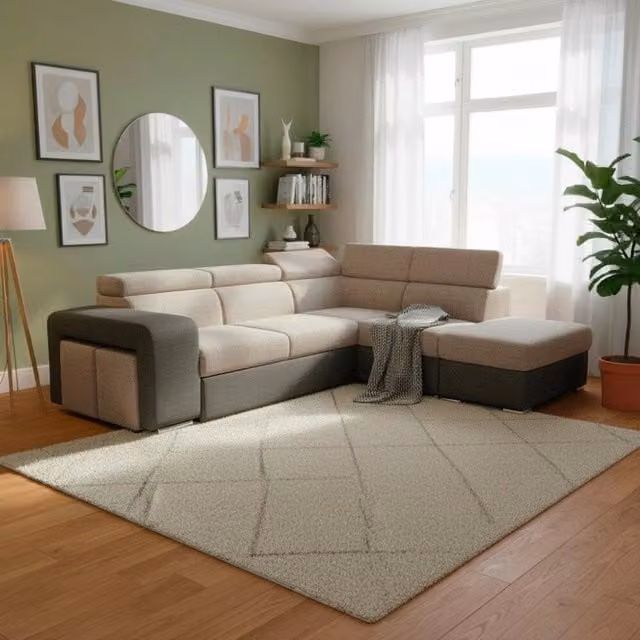 Divano Letto Angolare Tezeta con Penisola Destra, Funzione Letto e Poggiatesta Regolabile, 2 Pouf Estraibili e Pouf Contenitore – Grigio e Beige, L 262 x P 162 x H 91 cm – 1