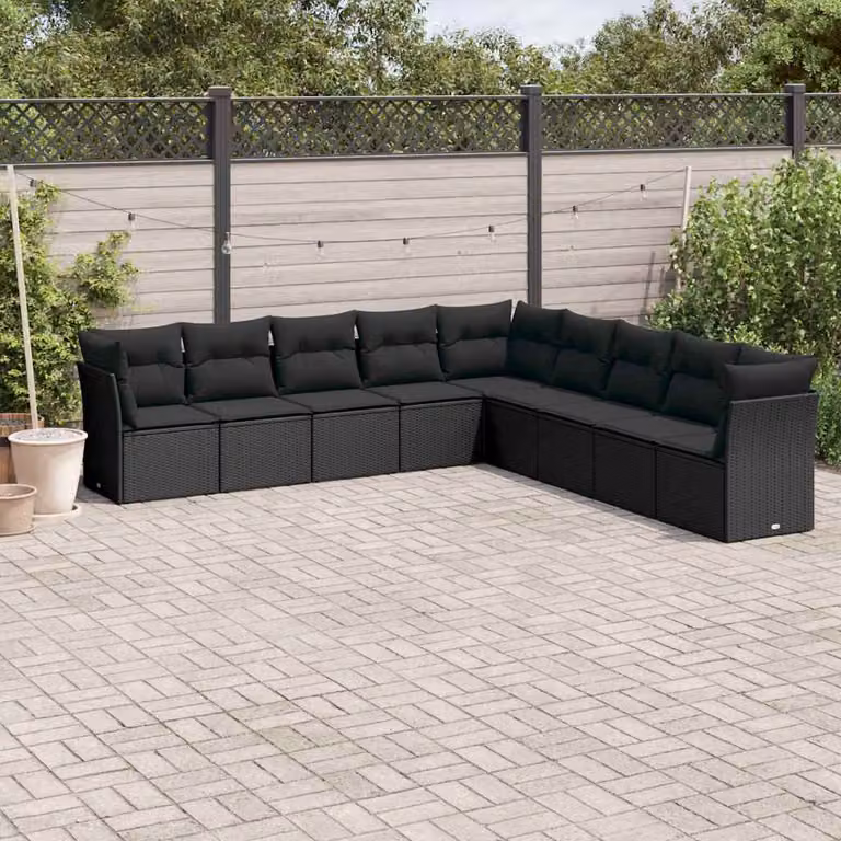 vidaXL Set Divani da Giardino 9 pz a L con Cuscini Nero in Polyrattan e Acciaio