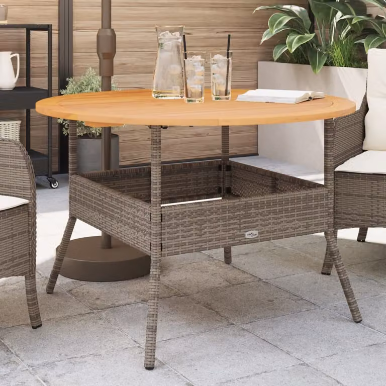Tavolo da giardino rotondo vidaXL in polyrattan con piano in legno di acacia oliato grigio Ø 110 cm
