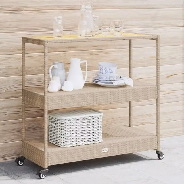 Carrello da Bar vidaXL a 3 Livelli in Polyrattan e Legno di Acacia Beige e Marrone con Ruote L 101,0 cm x P 40,0 cm x H 100,0 cm – 1