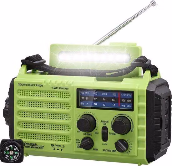 Radio a dinamo per escursioni e campeggio, impermeabile, luce a LED, power bank, AM/FM, lampada a dinamo ricaricabile