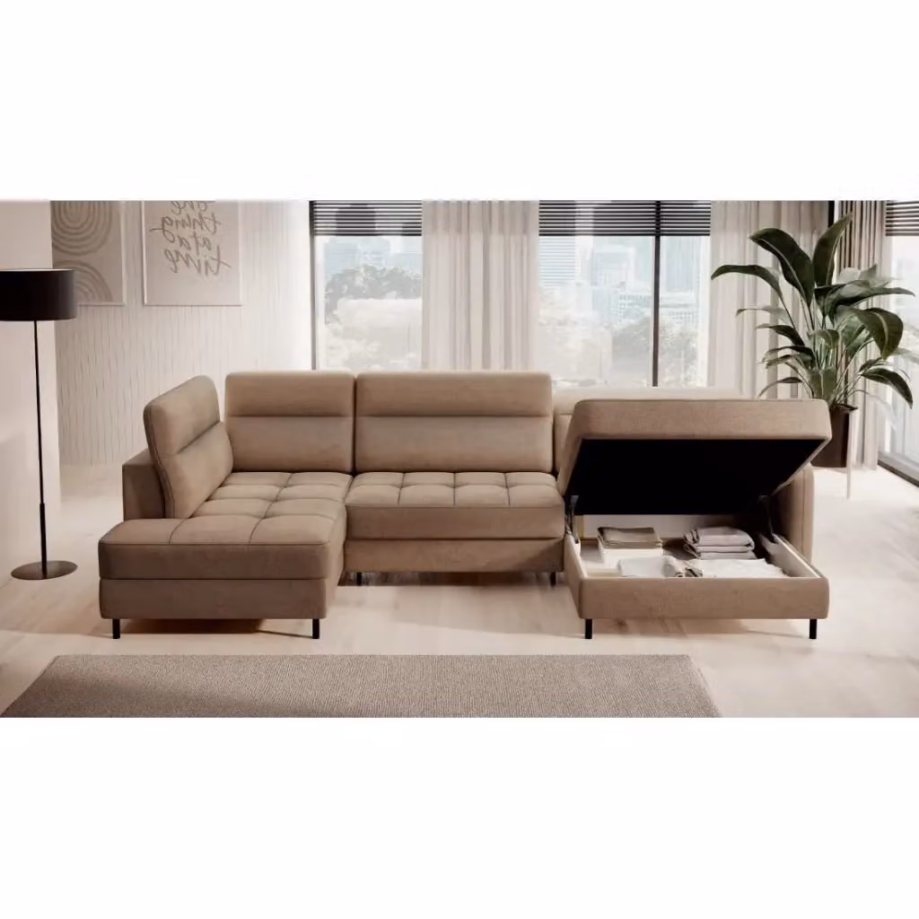 Divano angolare convertibile BERTHO MEUBLORAMA marrone chiaro e beige con angolo destro e contenitore L/P/H: 306 x 166 x 100 cm – 2