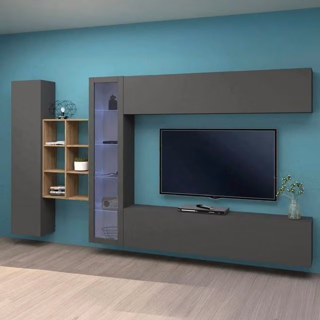 Parete Attrezzata Mobile Soggiorno Alessano DMORA con 18 Ripiani e Illuminazione Integrata, L: 280 cm, P: 30 cm, H: 180 cm, Nero Antracite