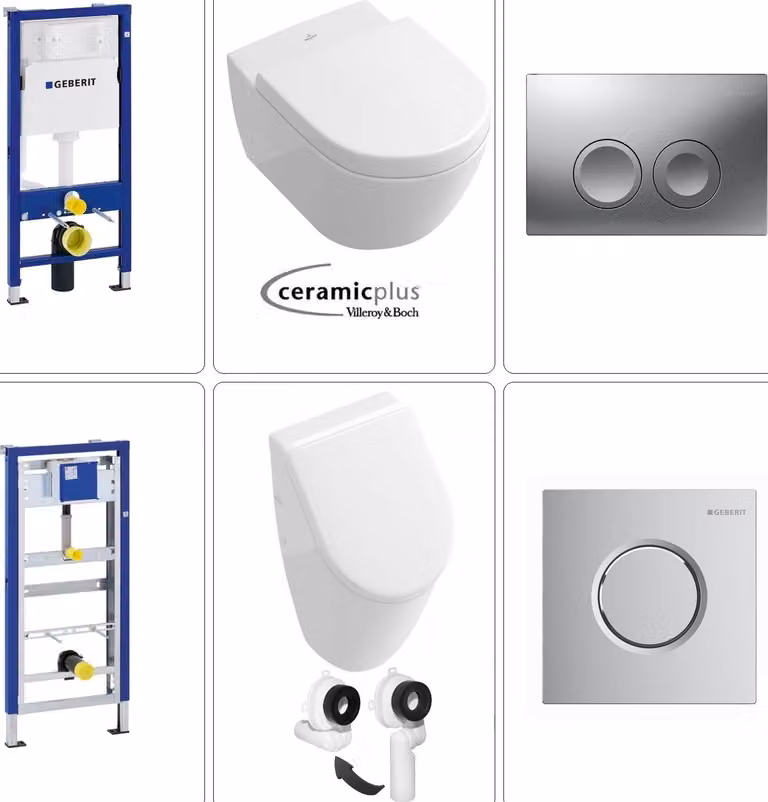 Orinatoio Villeroy & Boch Subway con WC sospeso e set Geberit in cromo opaco